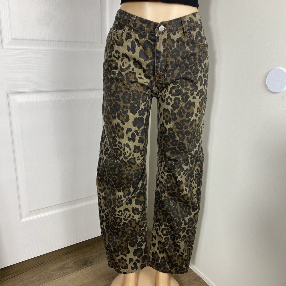 Shein Curve Jeans Womens Size M Brown Leopard Animal Print Denim Wide Leg